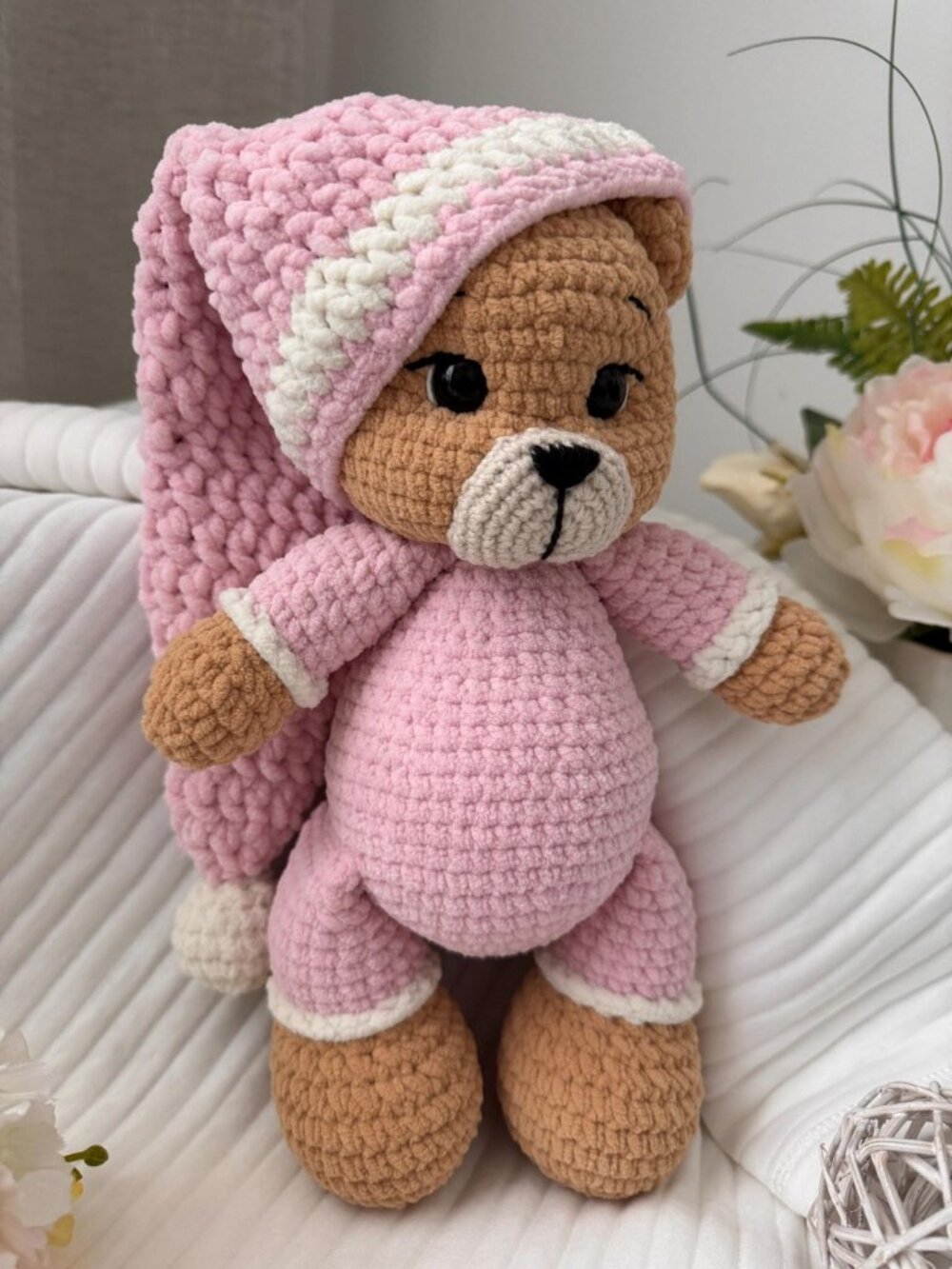 Handmade Crochet Teddy Bear, Sleepy Pajama Plush Toy, Amigurumi Brown Bear - Picture 5 of 7
